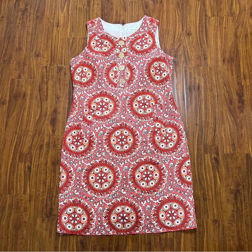 Vintage Calvin Klein Linen Blend Sleeveless Shift Dress Medallion Print size 12